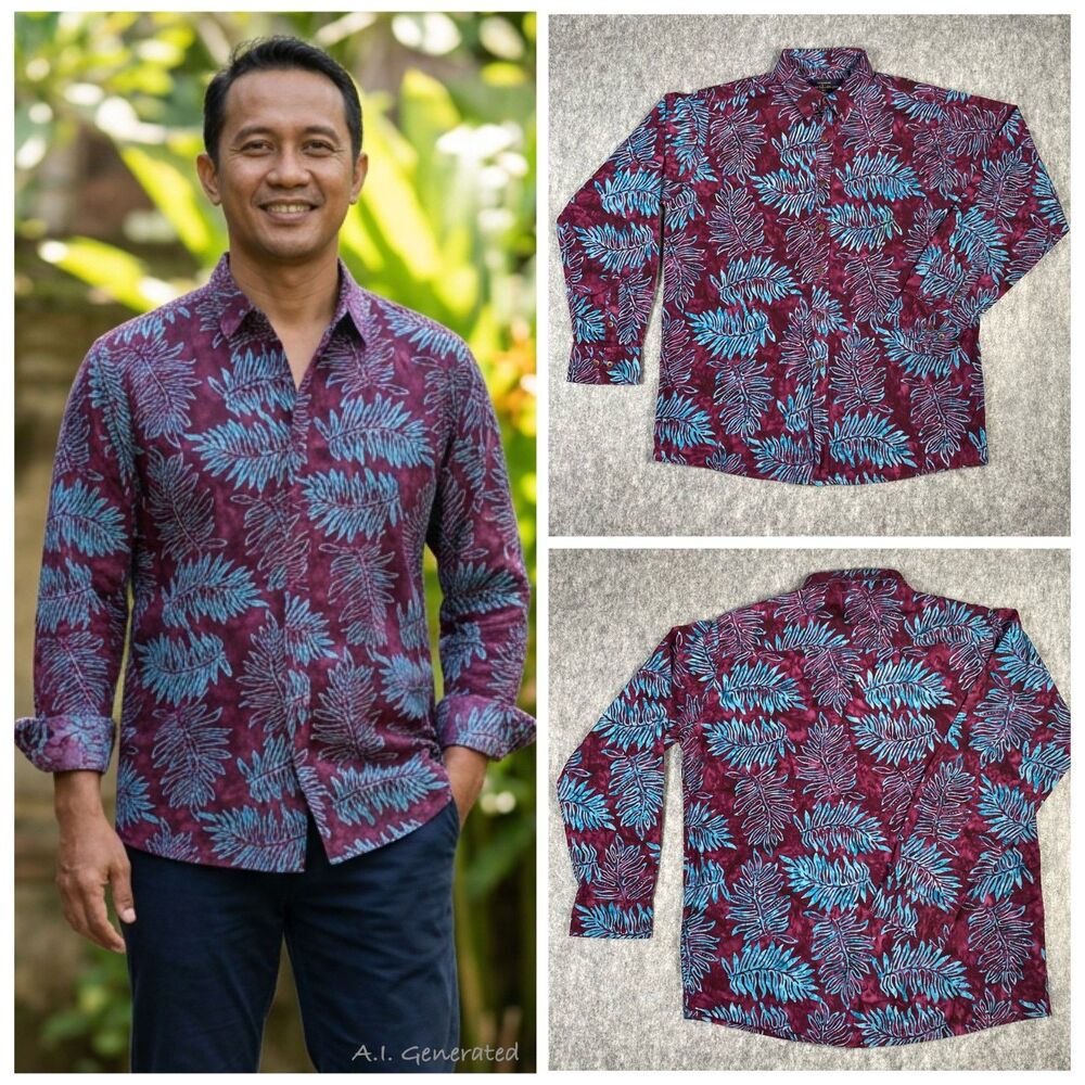 Pete Huntington Handcrafted Bali Hawaiian Style Long Sleeve Shirt XL 100% Cotton